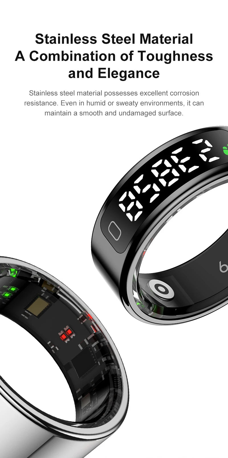Smartwatch with digital display and metallic finish on a white background