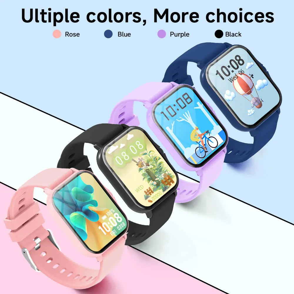 Smartwatches in various colors with colorful displays on a light blue background