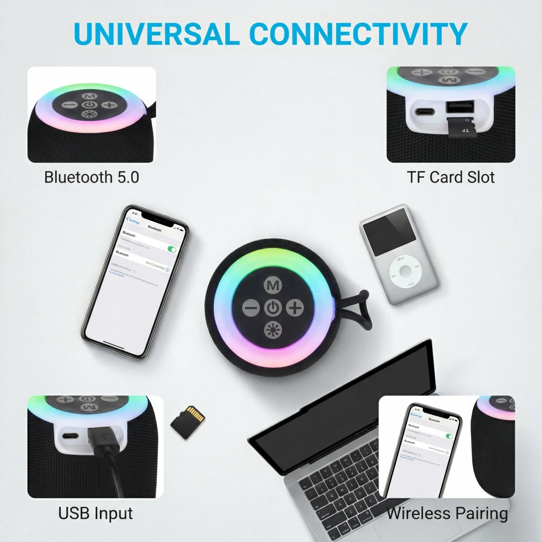 Multimedia device with connectivity options including Bluetooth 5.0, TF card slot, USB input, and wireless pairing.