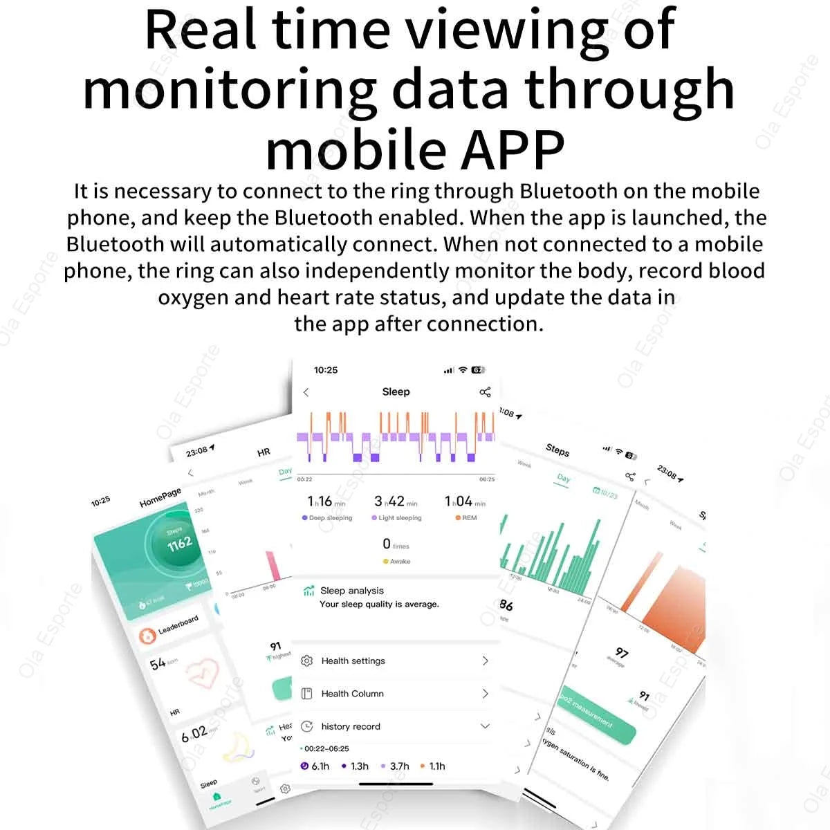 Mobile app interface for monitoring health data with text explaining Bluetooth connectivity.