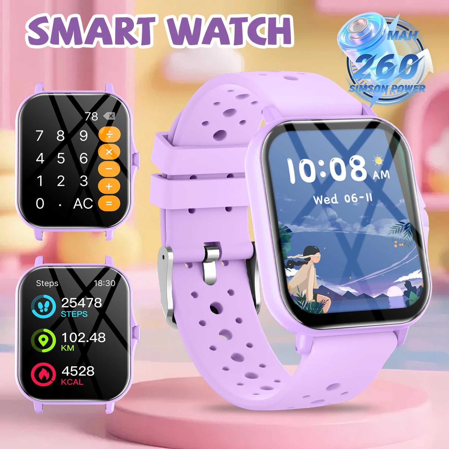 Smart watch with a purple band on a colorful background