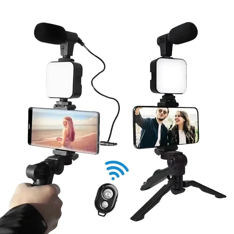 Phone holder with microphone and light on a white background