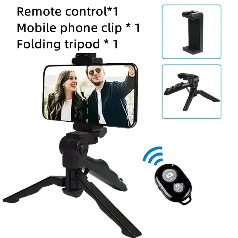Phone holder with remote control, phone clip, and folding tripod on a white background