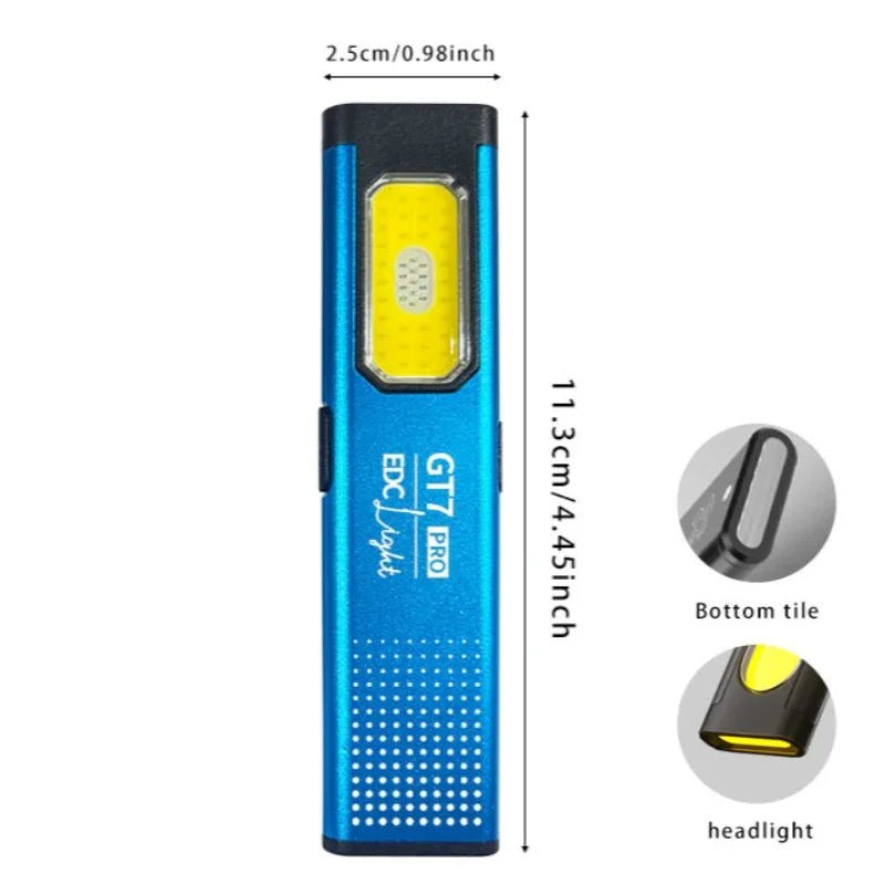Blue flashlight with measurements and close-up details on a white background