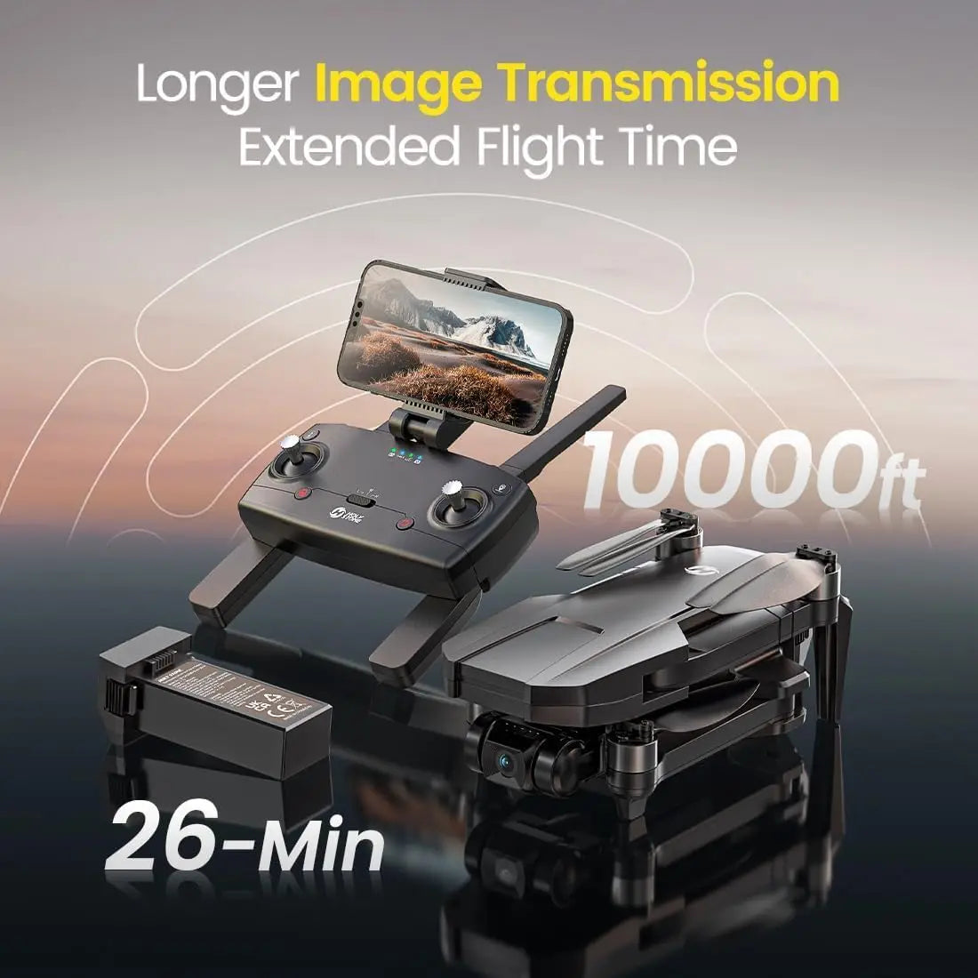 Drone with remote control and screen displaying a landscape, featuring text about image transmission and flight time.