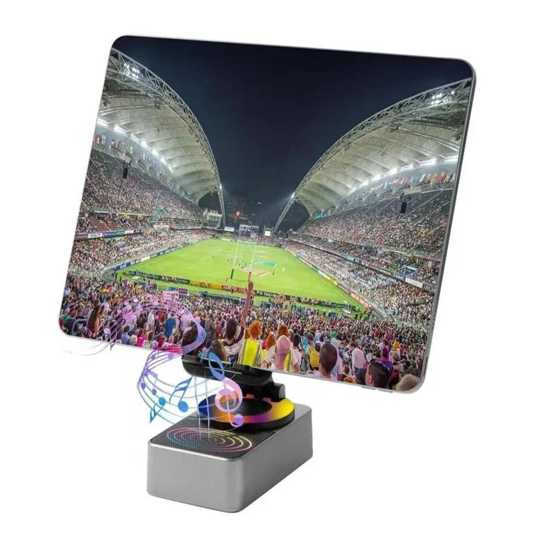 Stadium scene with people and a sports event on a screen, with a decorative base featuring music notes.