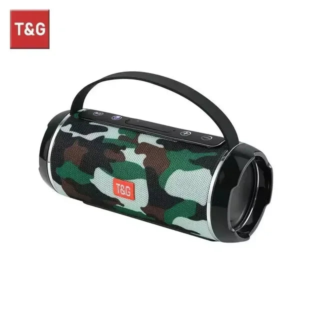 Camouflage-patterned Bluetooth speaker with T&G logo on a white background