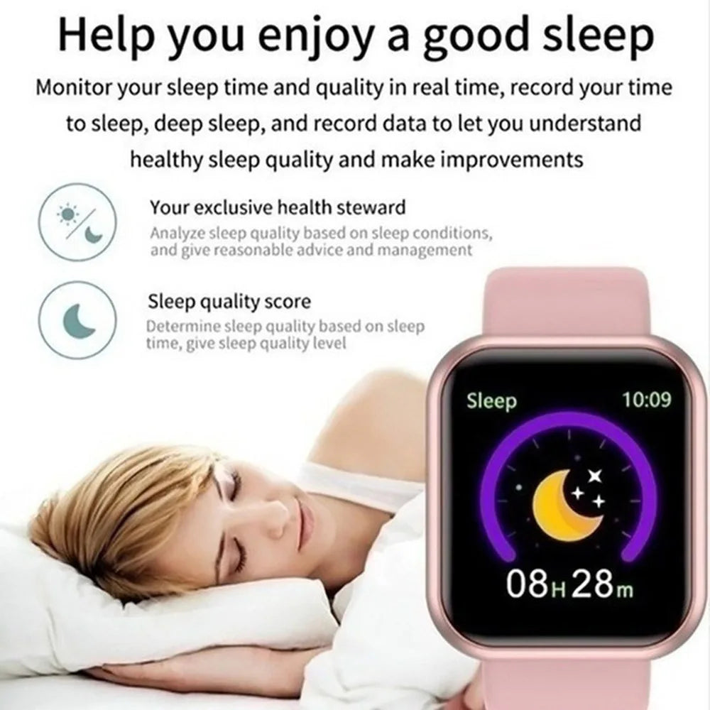 Smartwatch displaying sleep monitoring features with a person sleeping in the background