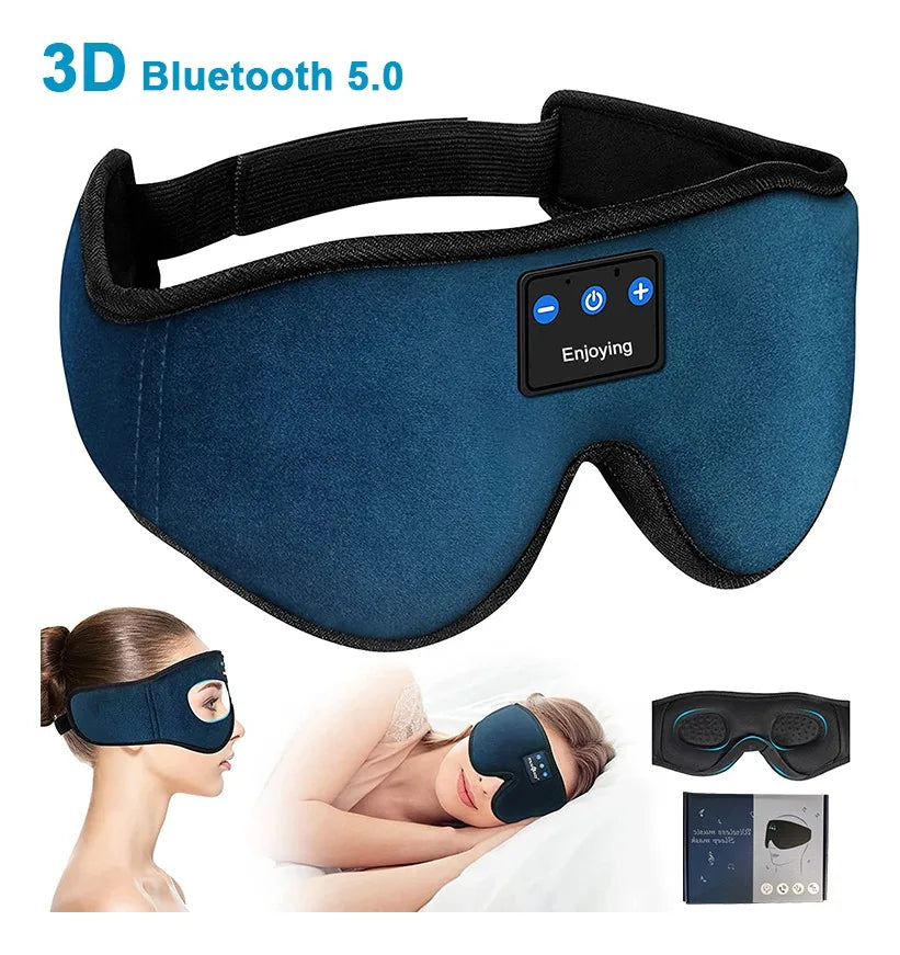 Blue sleep mask with Bluetooth 5.0 control panel on a white background