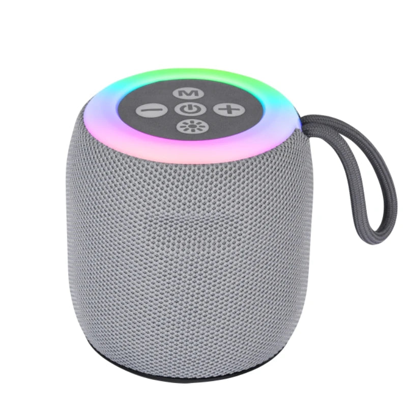 Gray portable speaker with colorful LED ring on a white background