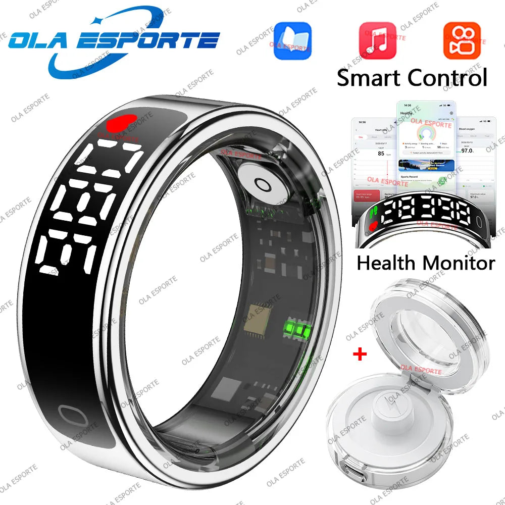 Smart ring with digital display and features like health monitor and smart control, branded as Ola Esporte.