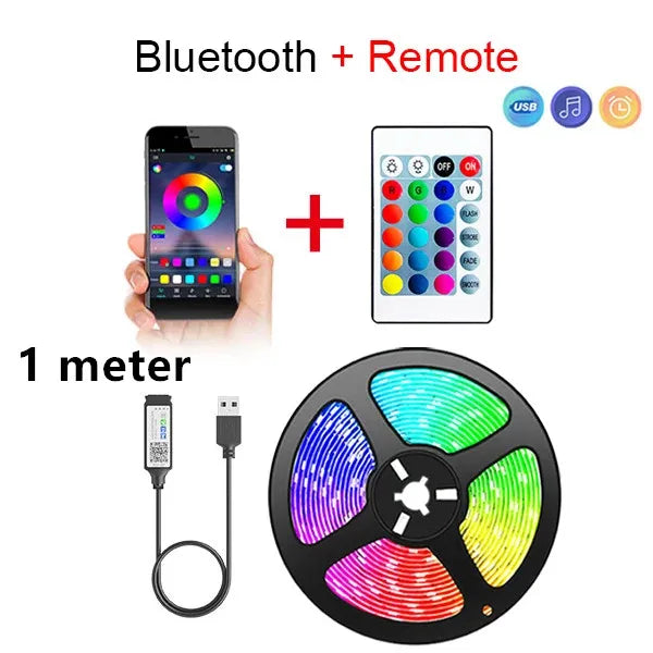 LED strip light set with Bluetooth remote, smartphone app, and USB cable on a white background.