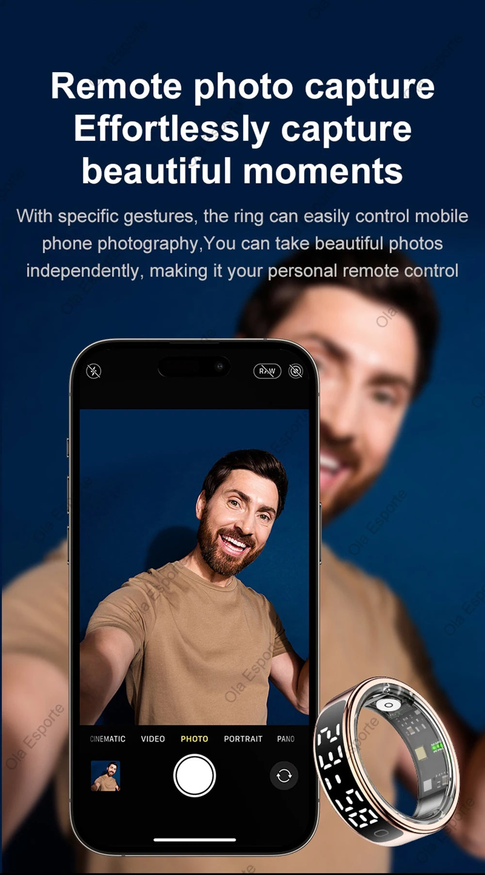 Smartphone displaying a photo of a person with a ring on their finger, indicating remote photo capture functionality.