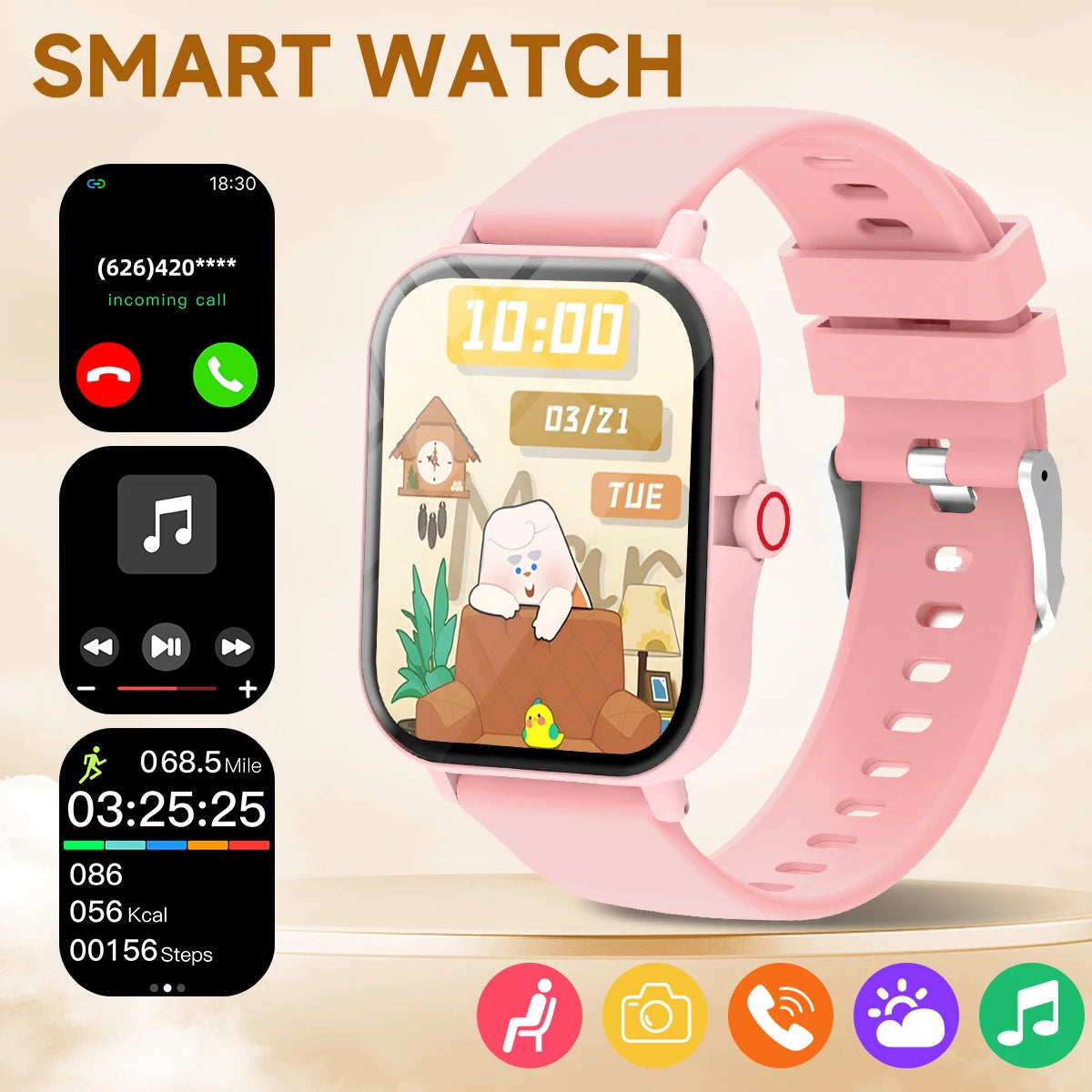 Smartwatch with pink band and app icons on a beige background