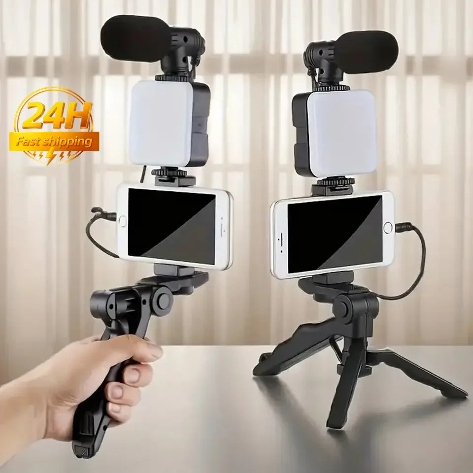 Two smartphone video recording setups with microphones and stands on a neutral background.