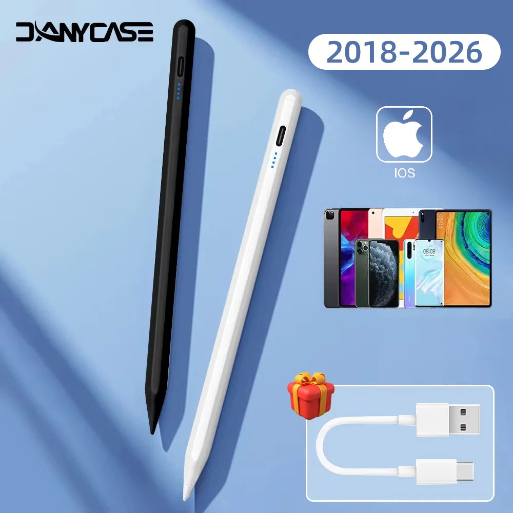 Two styluses, one black and one white, on a blue background with Apple logo and device images.