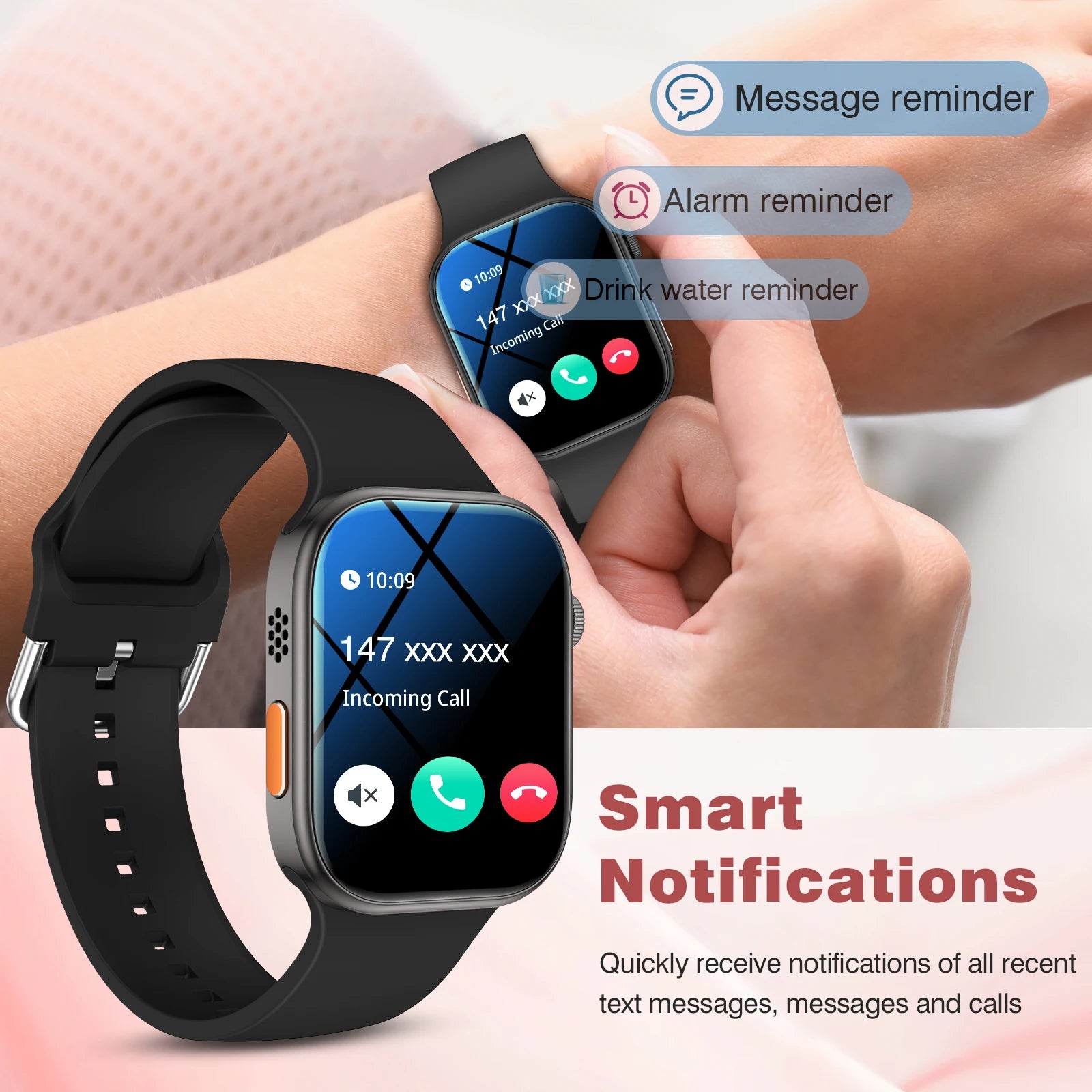 Smartwatch with app notifications on a pink background