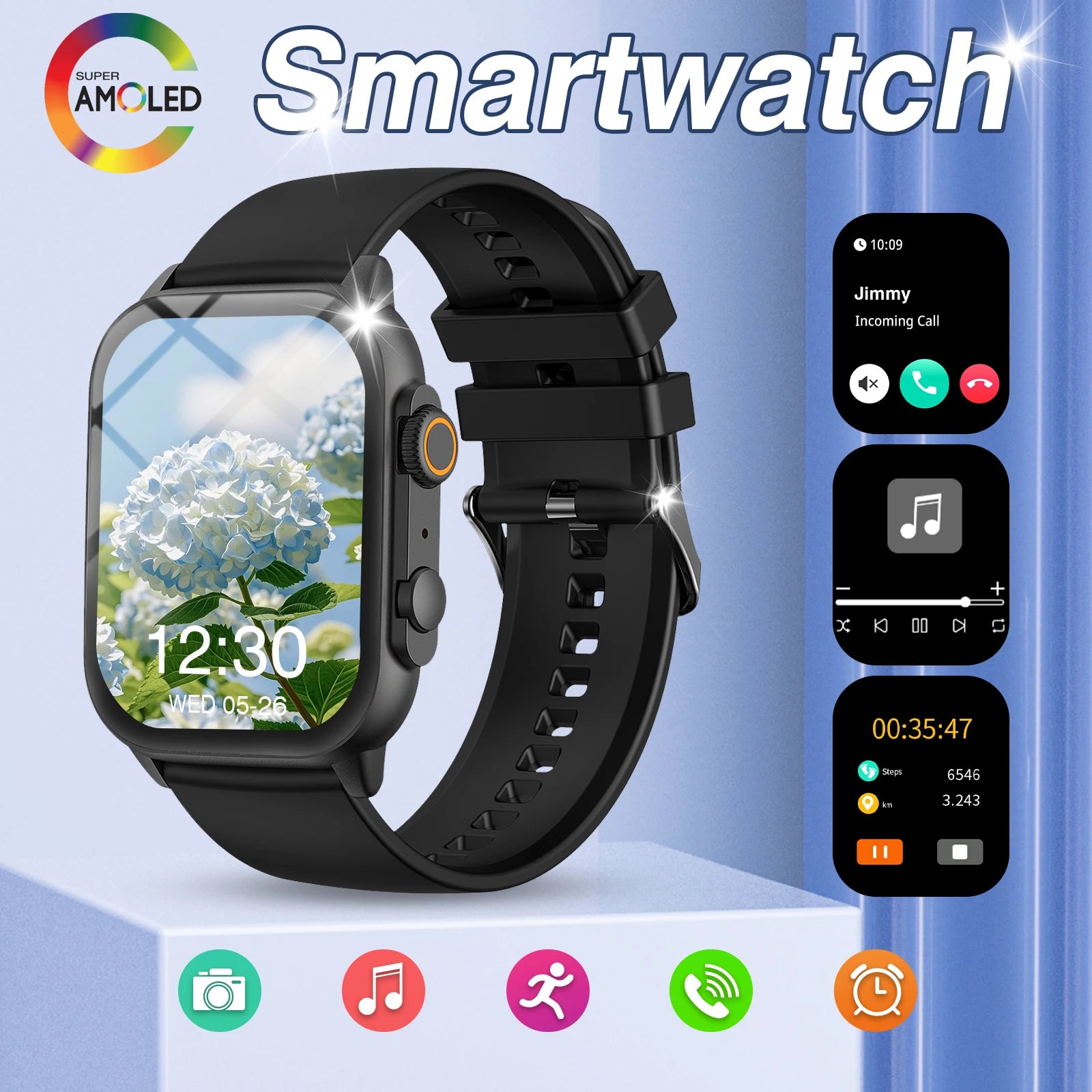 Black smartwatch with a colorful display on a blue gradient background