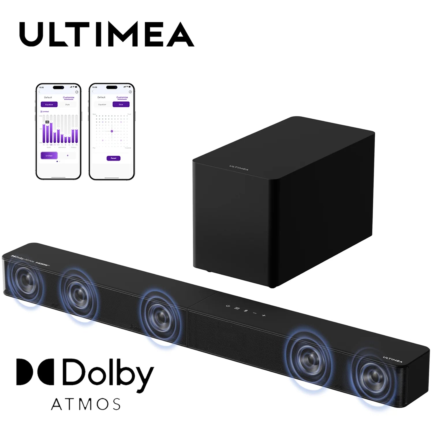 Ultima soundbar and subwoofer with Dolby Atmos logo on a white background