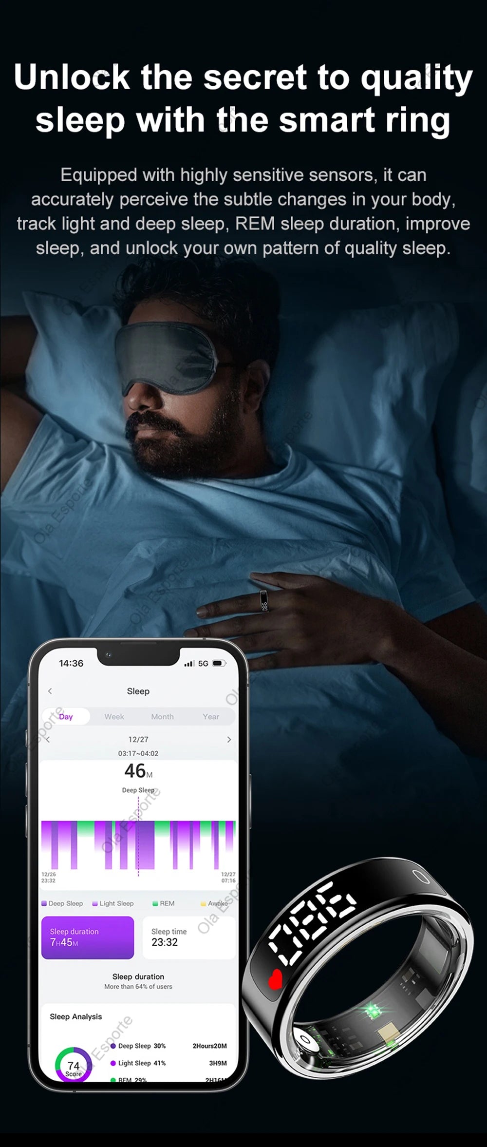 Smart ring and smartphone app for sleep tracking with a person wearing an eye mask in bed.