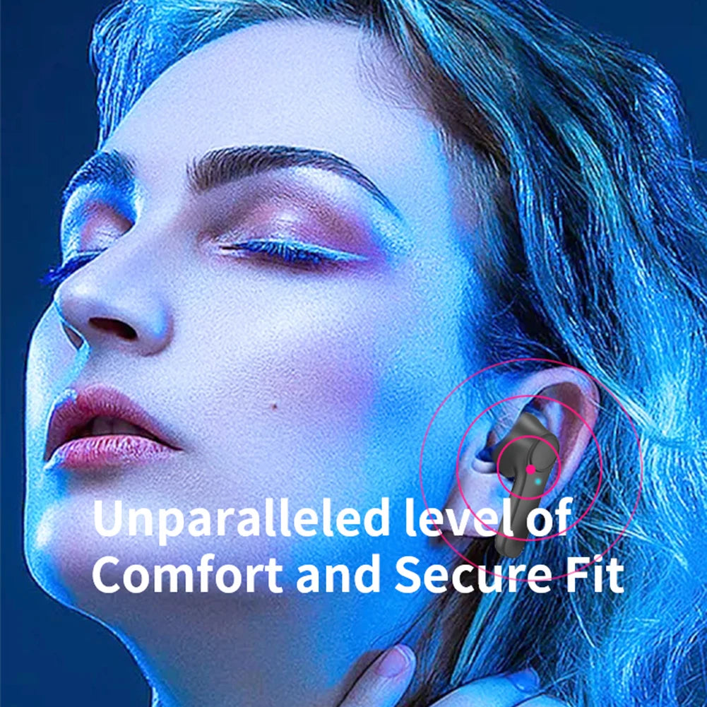 Woman wearing wireless earbuds with text highlighting comfort and secure fit