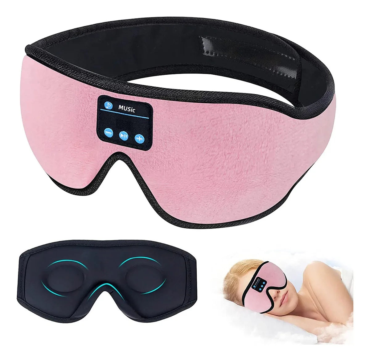 Pink sleep mask with digital display and control buttons, black sleep mask, and person wearing pink sleep mask.