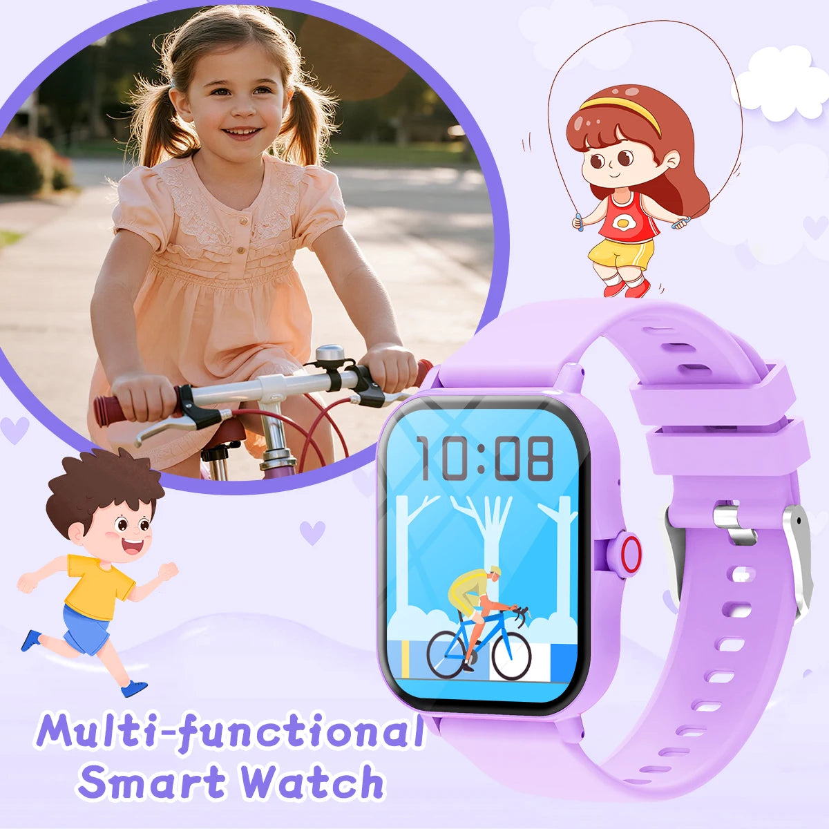Children's smartwatch with a purple band on a light purple background, featuring cartoon characters and a child riding a bike.