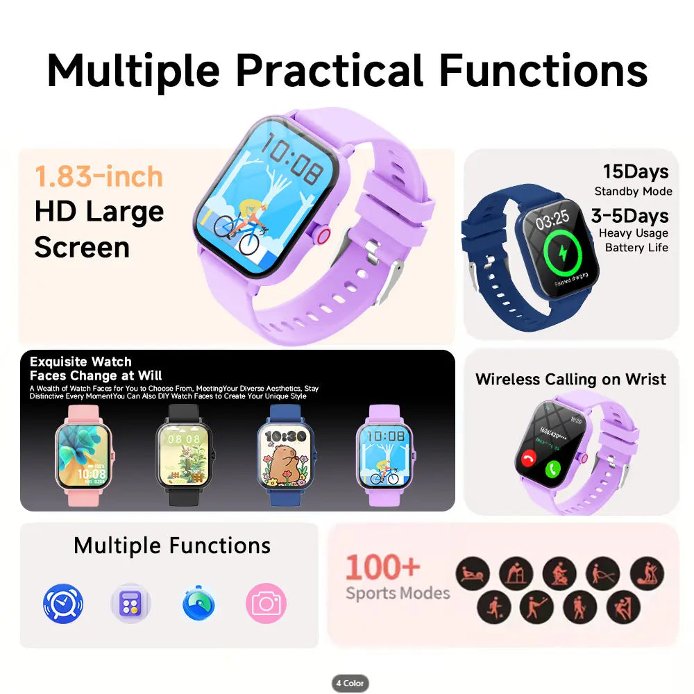 Smartwatch with various features highlighted on a white background