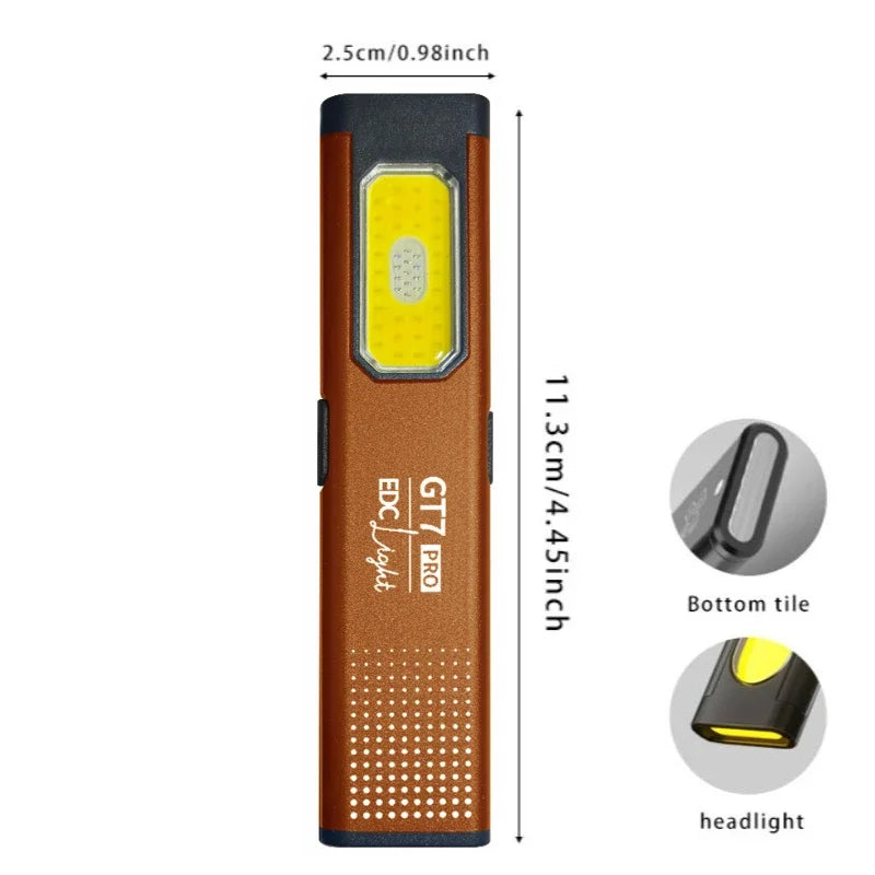 Compact flashlight with dimensions and features highlighted on a white background
