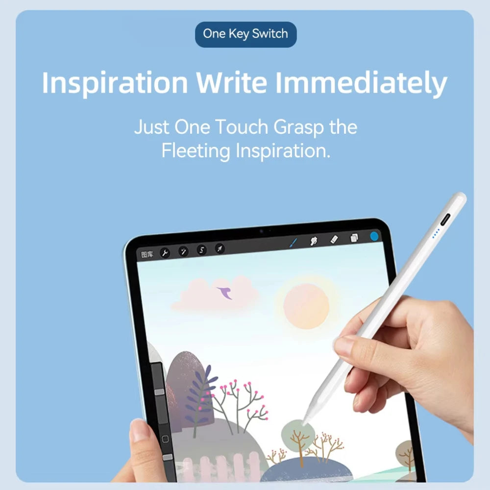 Hand holding a stylus over a tablet with artistic drawing on a blue background, featuring text about capturing inspiration.