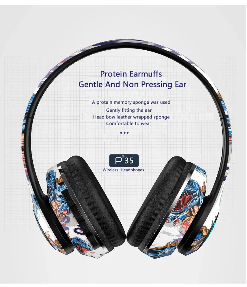 Wireless headphones with colorful design on a light gray background