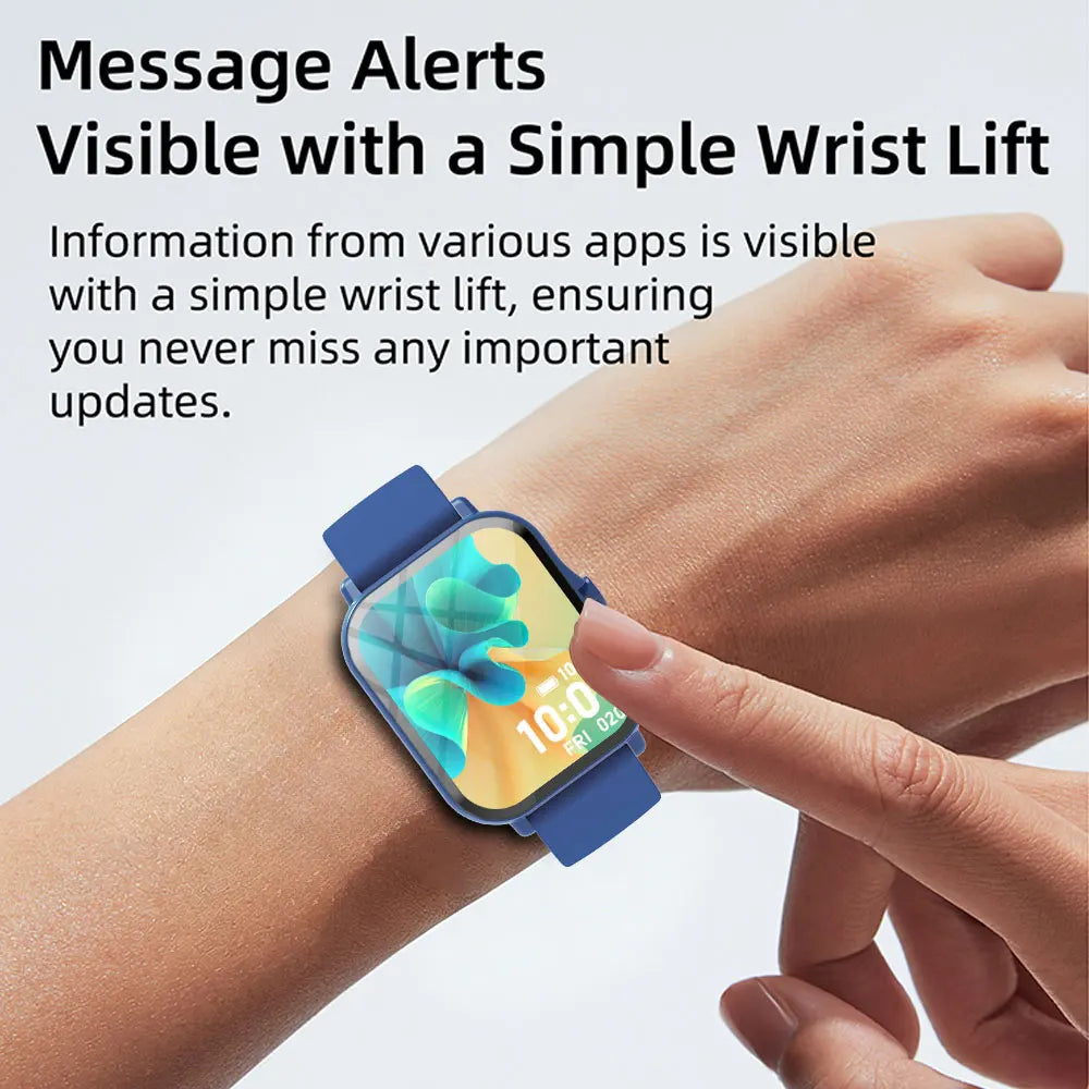 Smartwatch with blue band worn on wrist, showing message alerts feature.