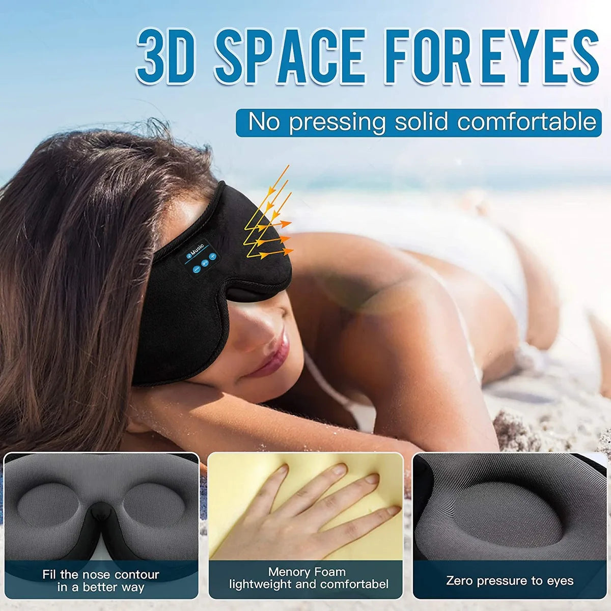 Woman wearing a black sleep mask with text '3D Space for Eyes' and product features on a beach background.