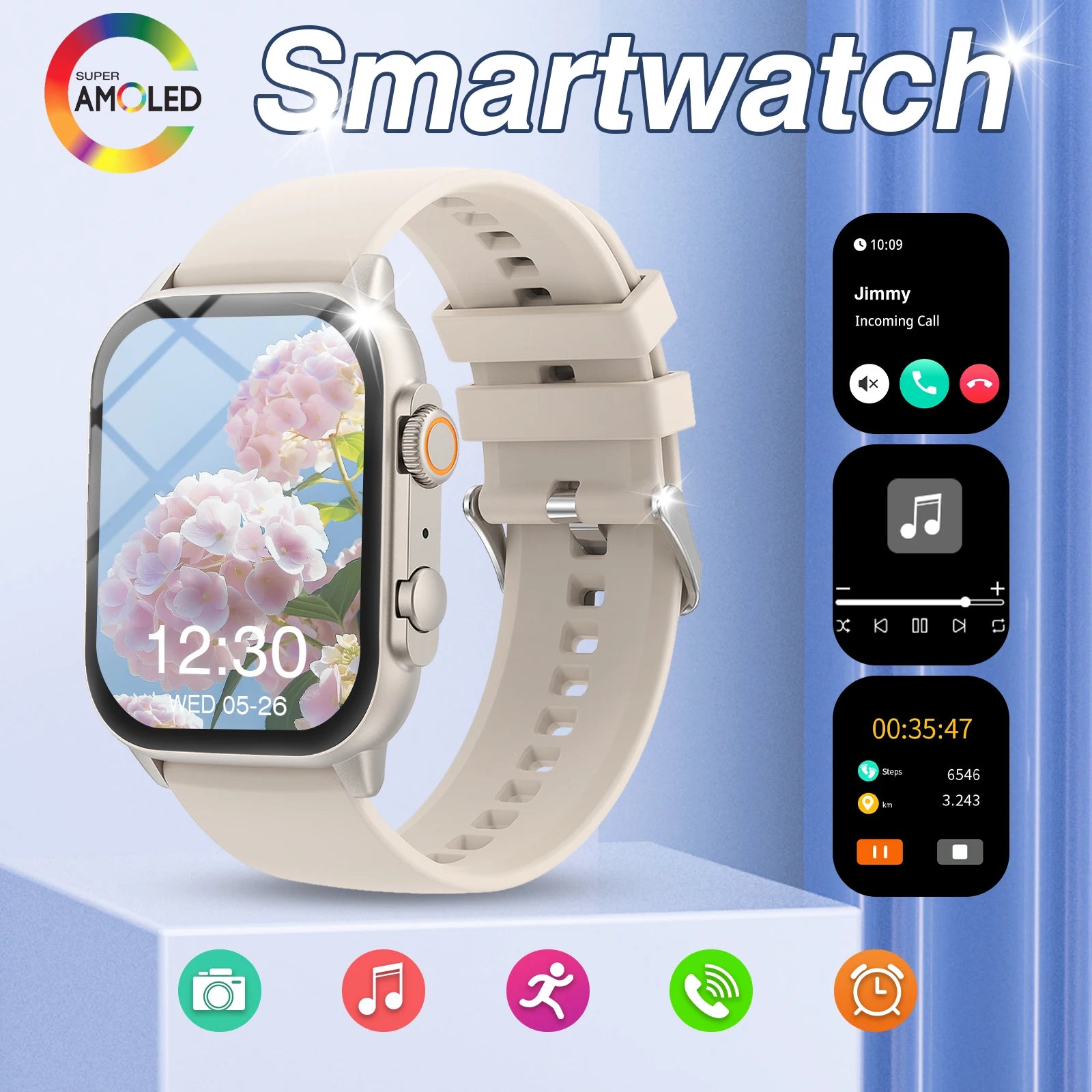 Smartwatch with a beige strap on a blue gradient background, featuring app icons and call interface.
