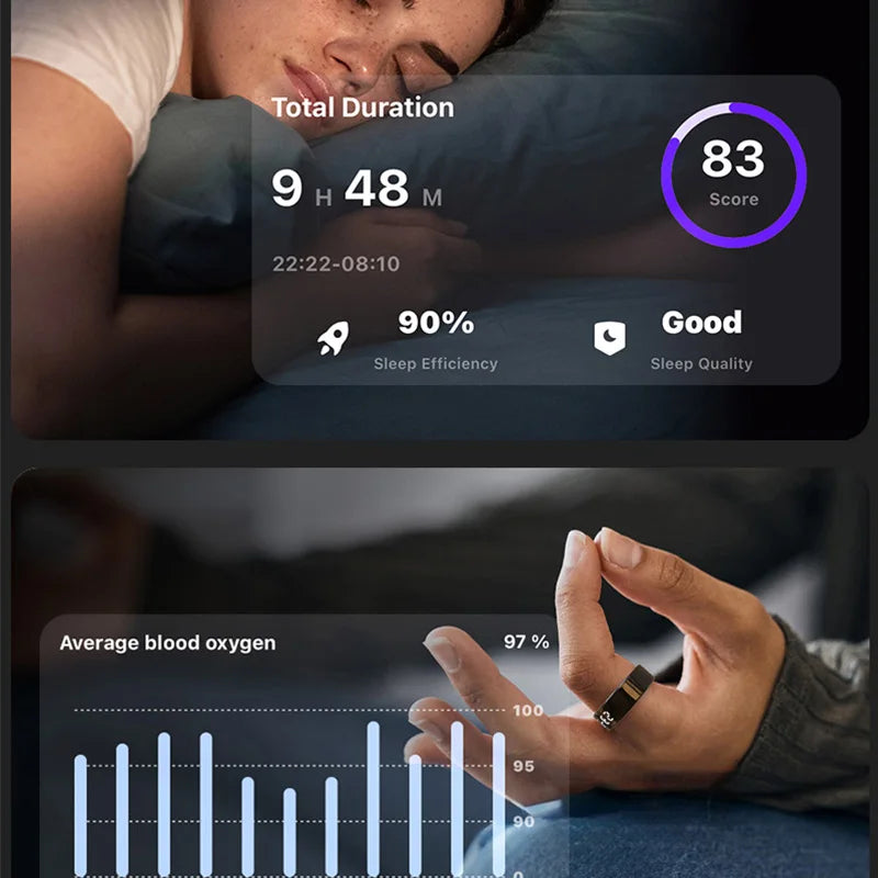 Sleep tracking app interface showing sleep duration, score, and blood oxygen levels.