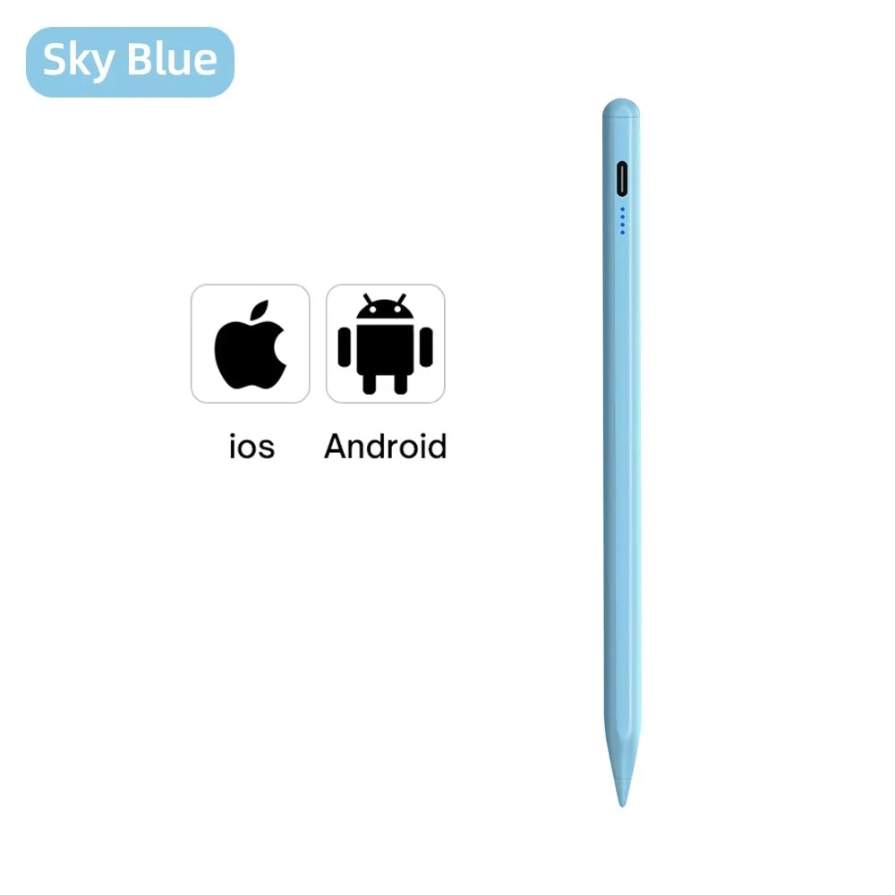 Light blue stylus with iOS and Android logos on a white background