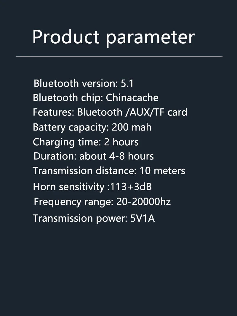 Product parameter list for a Bluetooth device on a black background