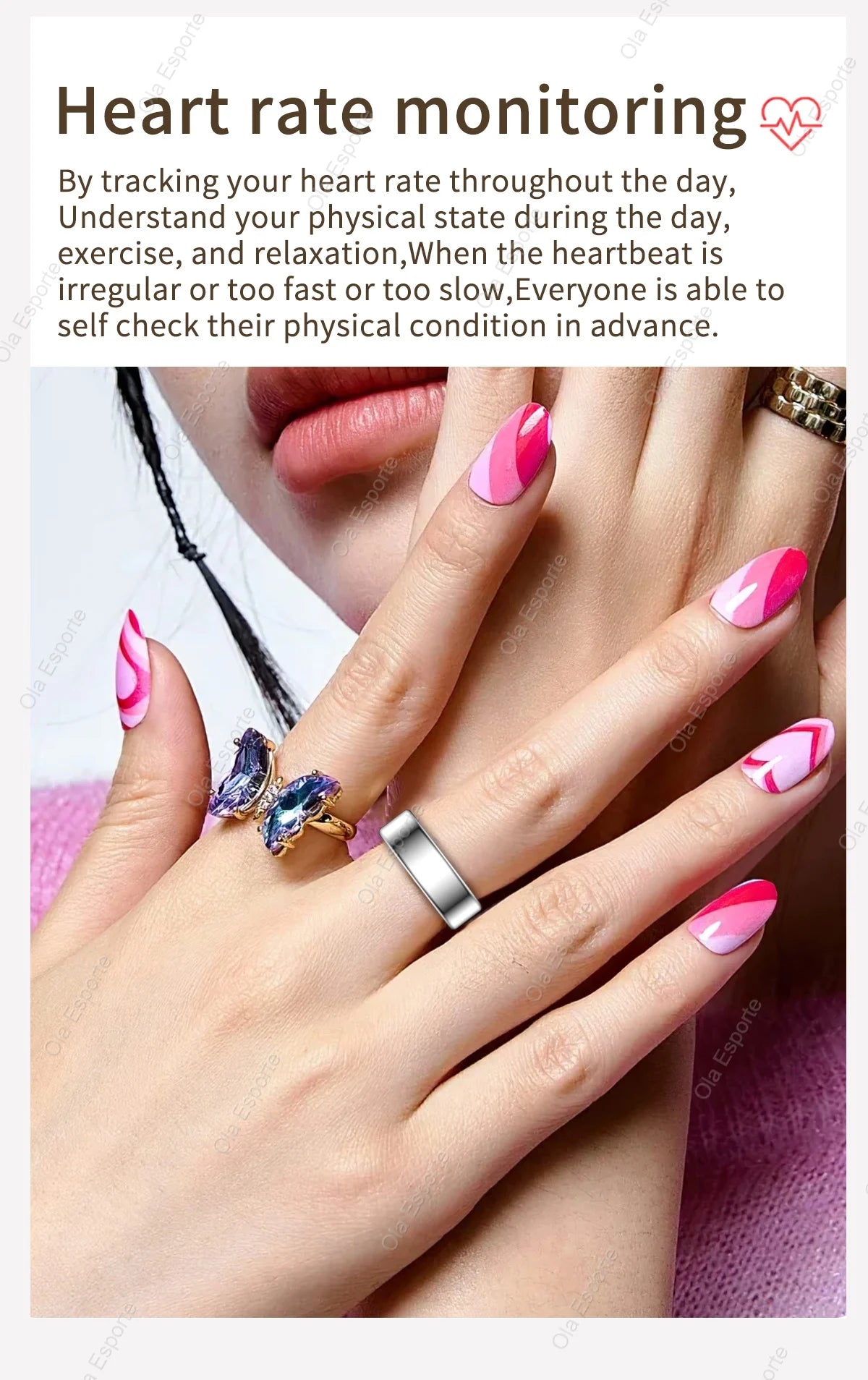 Hand wearing a silver ring with colorful gemstones, pink nail polish, and text about heart rate monitoring.