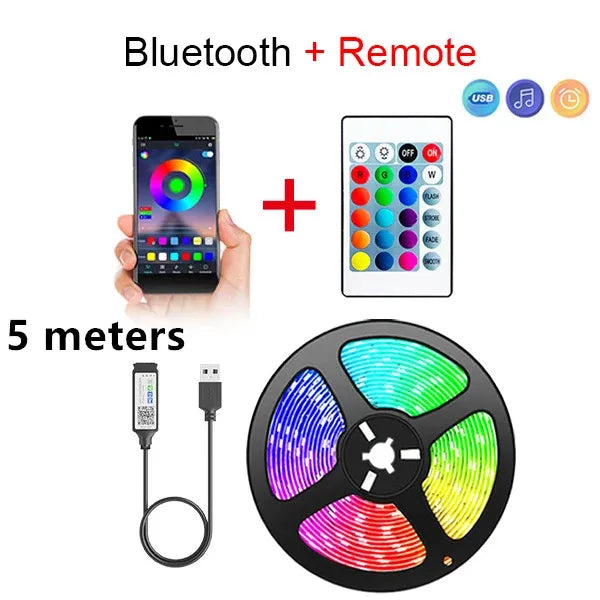 LED strip light set with Bluetooth remote, smartphone app, and USB cable on a white background.