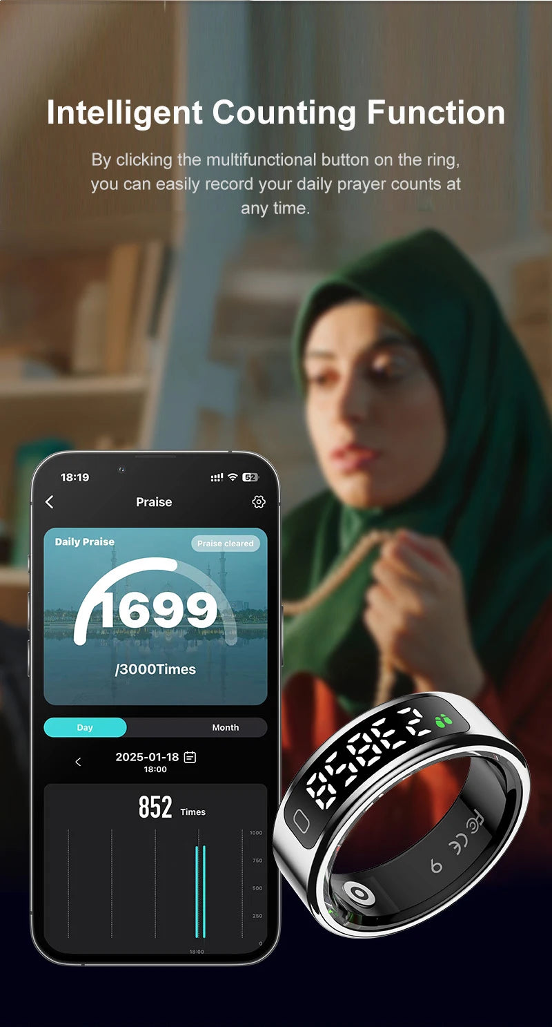 Smart ring with digital display and smartphone app showing prayer count, with a person praying in the background.