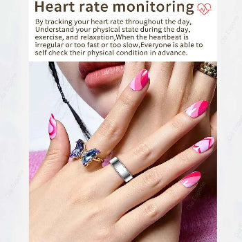 Hand with pink nail polish wearing a silver ring, with text about heart rate monitoring.