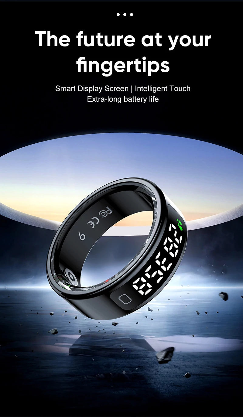 Smart ring with digital display on a futuristic background