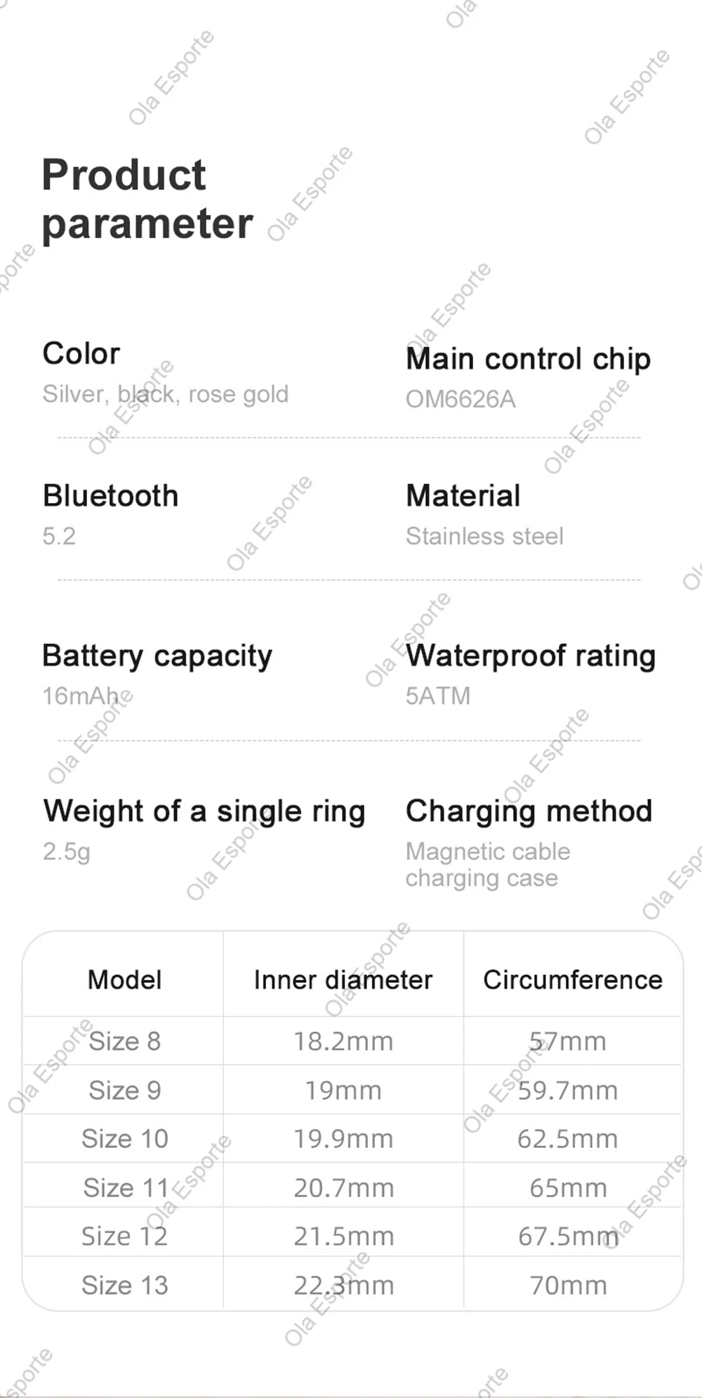 Product parameter table for a ring with specifications on color, control chip, Bluetooth version, battery capacity, waterproof rating, weight, charging method, model, inner diameter, and circumference.