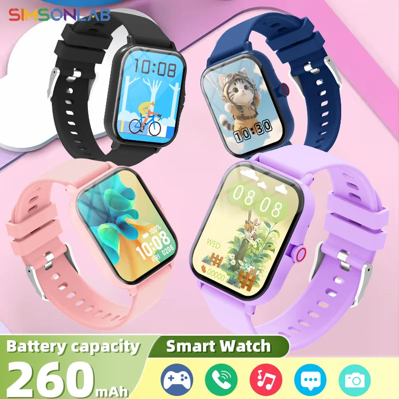 Four smartwatches with different colored bands on a pink background, featuring the brand 'Simsion Lab'.