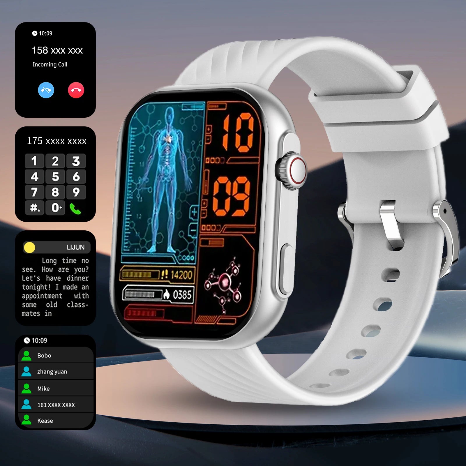 Smartwatch with a white band on a dark background