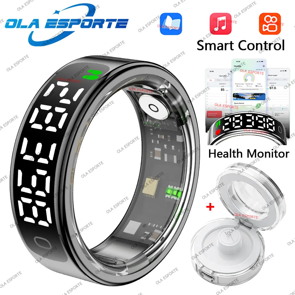Smart ring with digital display, health monitor, and control features on a white background.