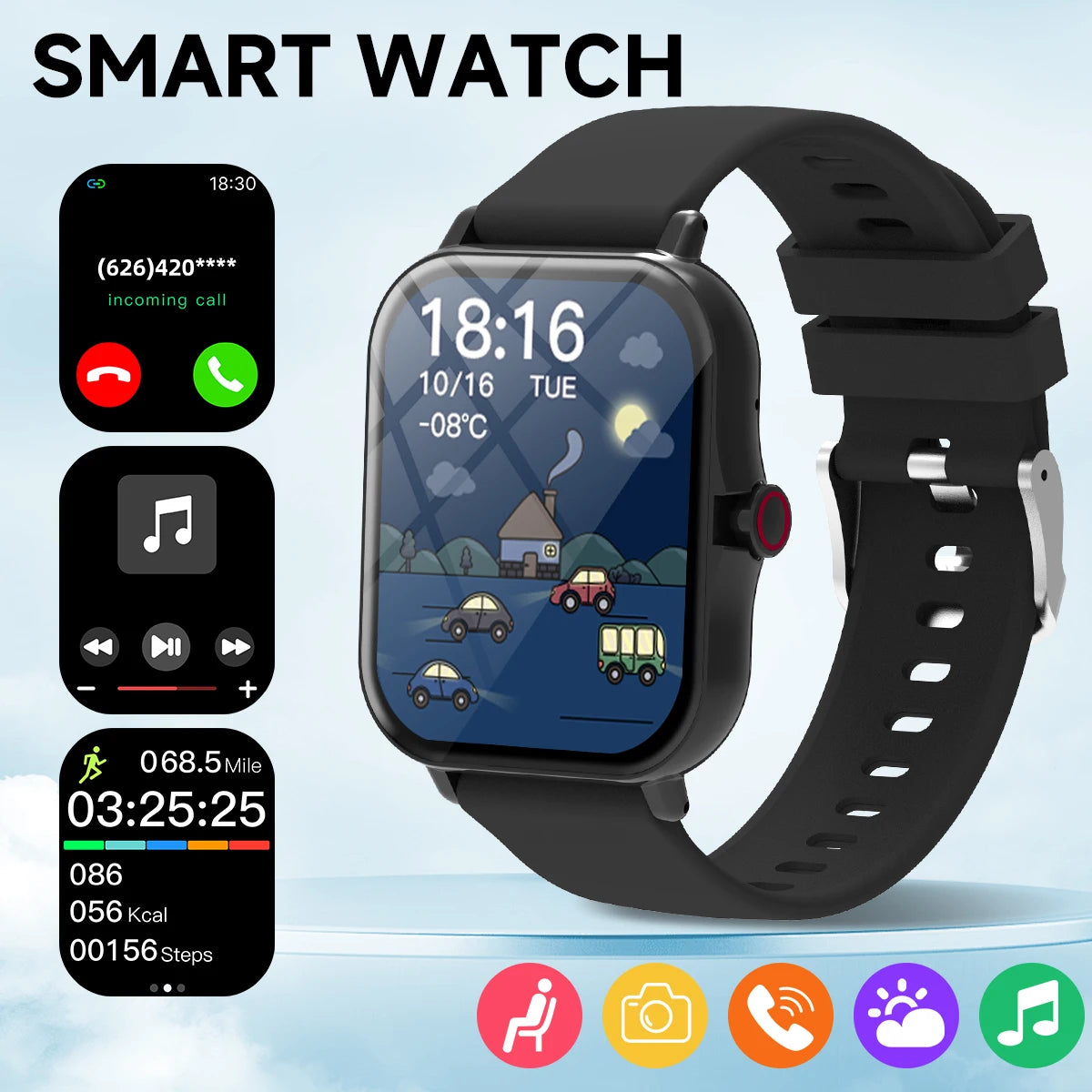 Smartwatch with black band on a light blue gradient background, displaying various app icons.