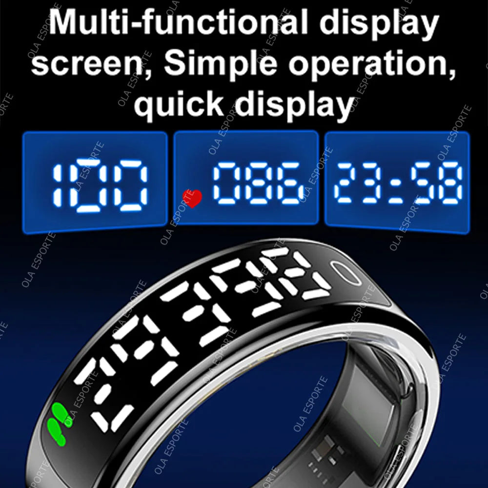 Digital watch with multiple display screens on a dark background