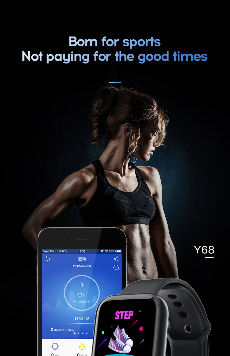 Woman in athletic wear with fitness tracker and app interface on a dark background