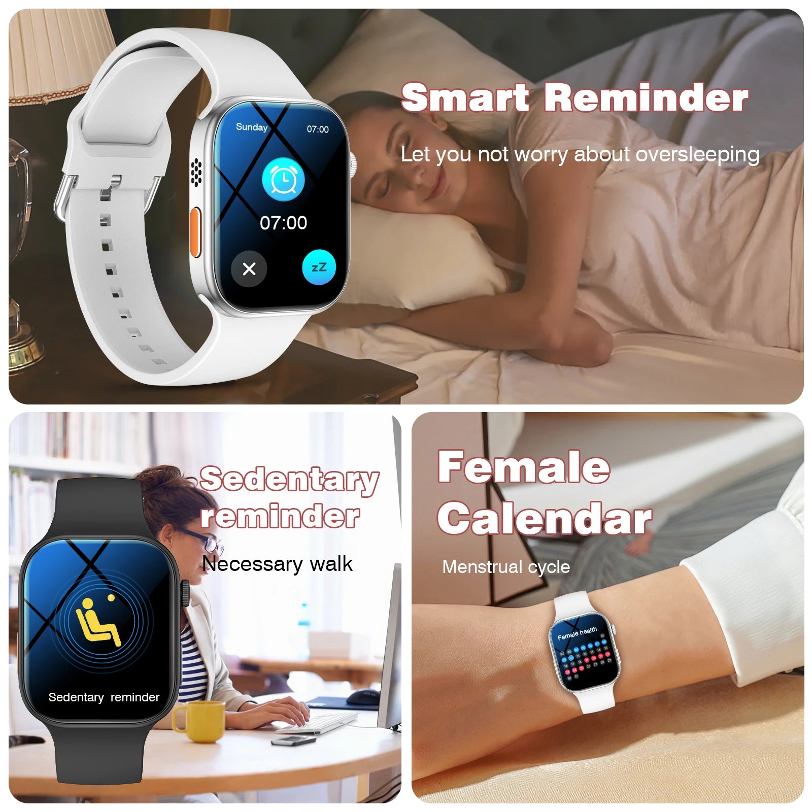 Smartwatch with various features like sleep tracking and reminders displayed on screen.